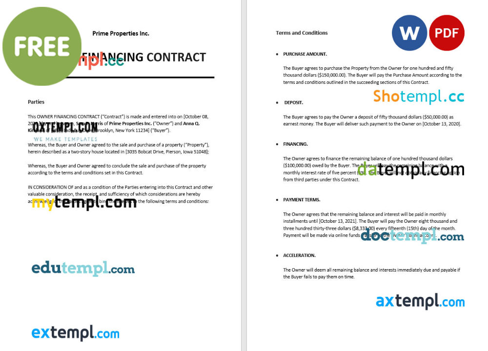 owner financing contract template, Word and PDF format
