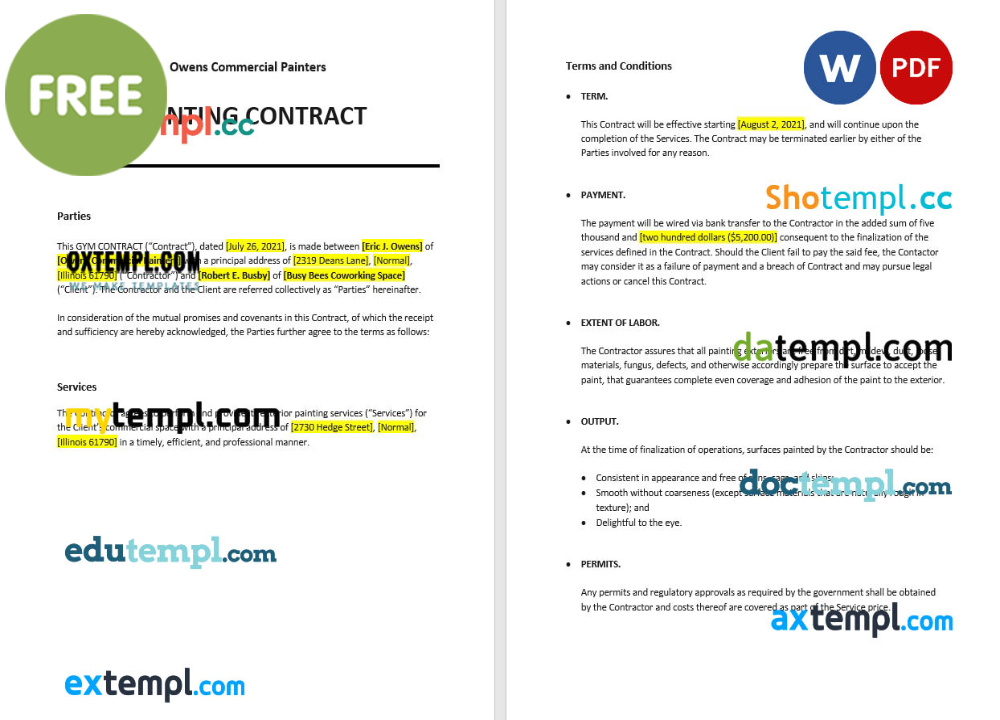 painting contract template, Word and PDF format