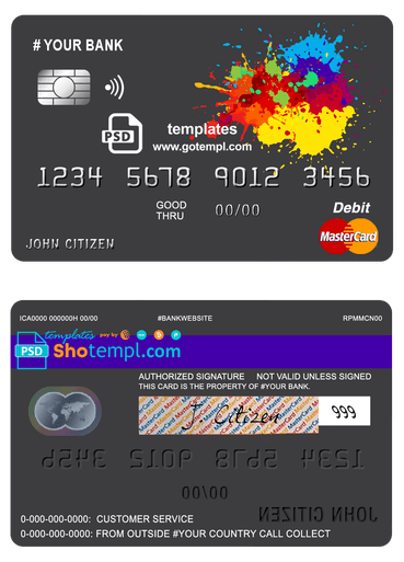 # paintings color universal multipurpose bank mastercard debit credit card template in PSD format, fully editable