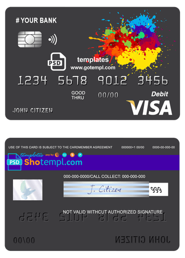 # paintings color universal multipurpose bank visa credit card template in PSD format, fully editable