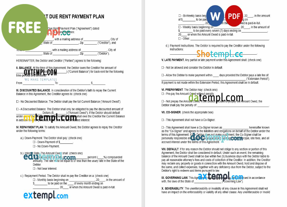 past due rent payment plan template, Word and PDF format