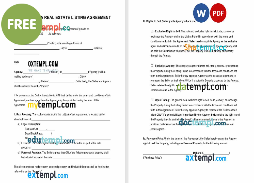 pennsylvania real estate listing agreement template, Word and PDF format