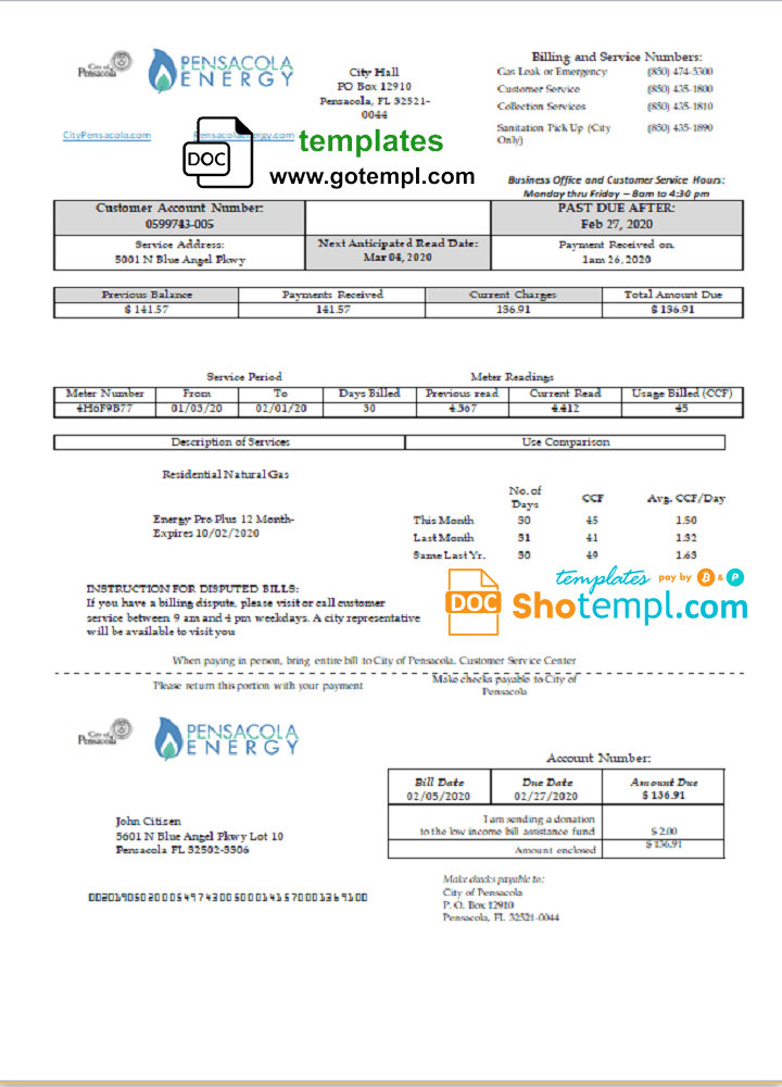USA Florida Pensacola Energy utility bill template in Word and PDF format
