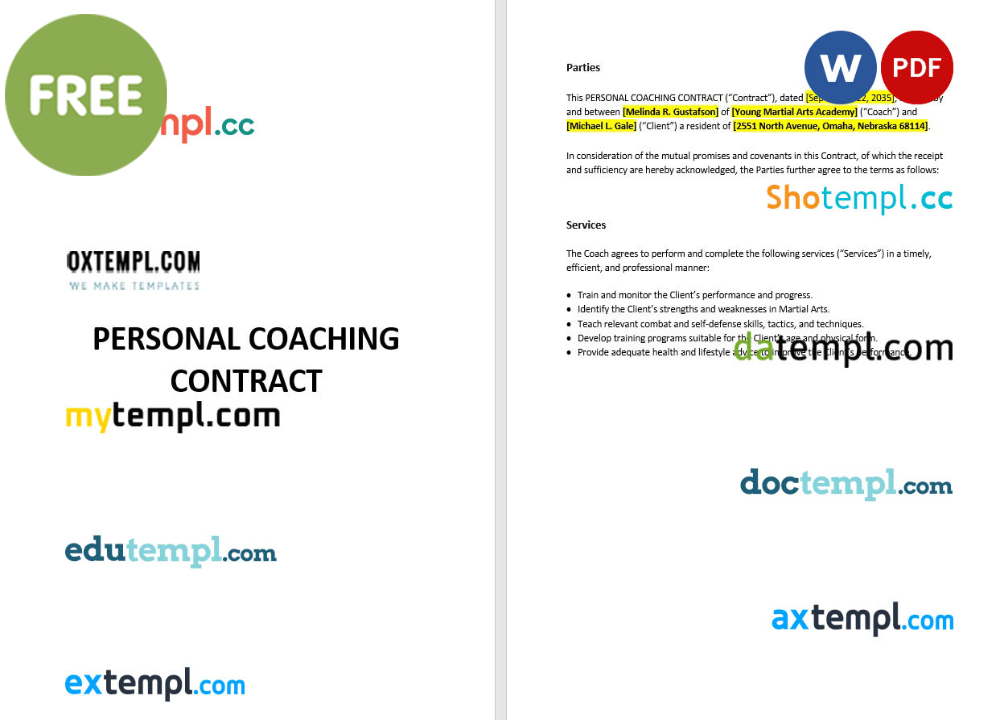 personal coaching contract template, Word and PDF format