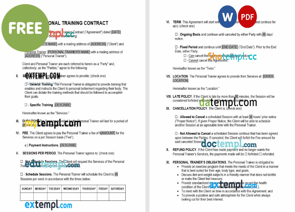 personal training contract template, Word and PDF format
