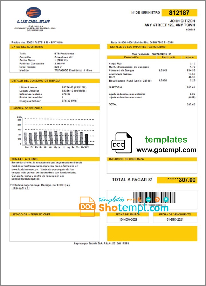 Peru Luz de Sur utility bill template in Word and PDF format, fully editable