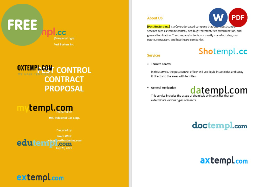 pest control contract proposal template, Word and PDF format