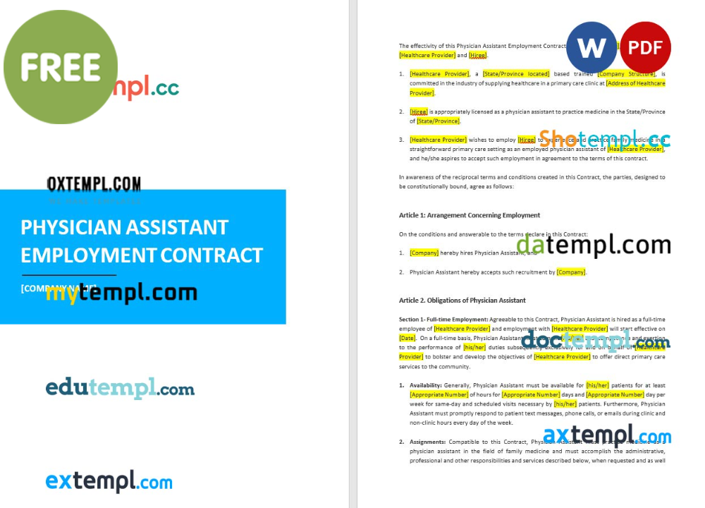 physician assistant employment contract template, Word and PDF format