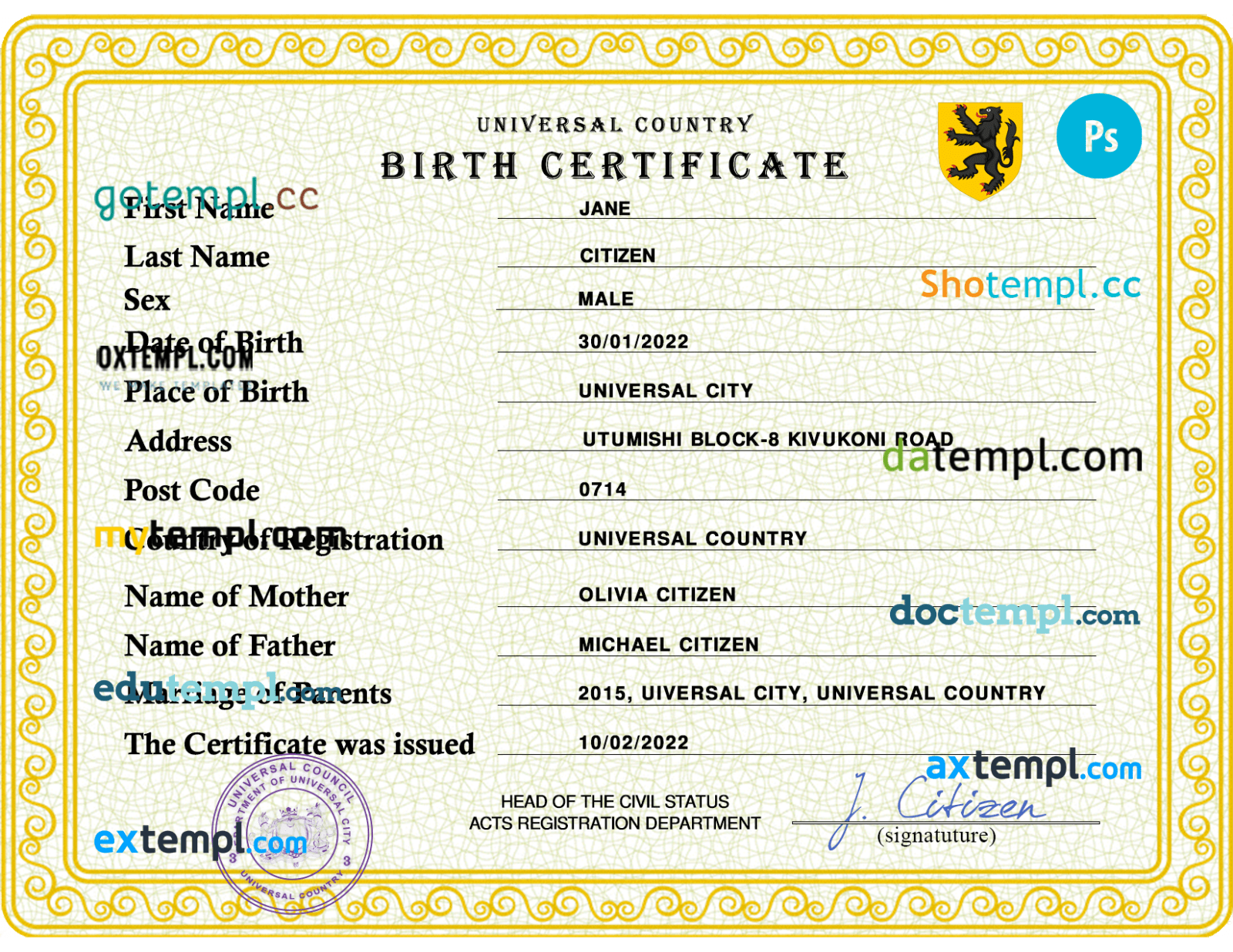 # power universal birth certificate PSD template, completely editable