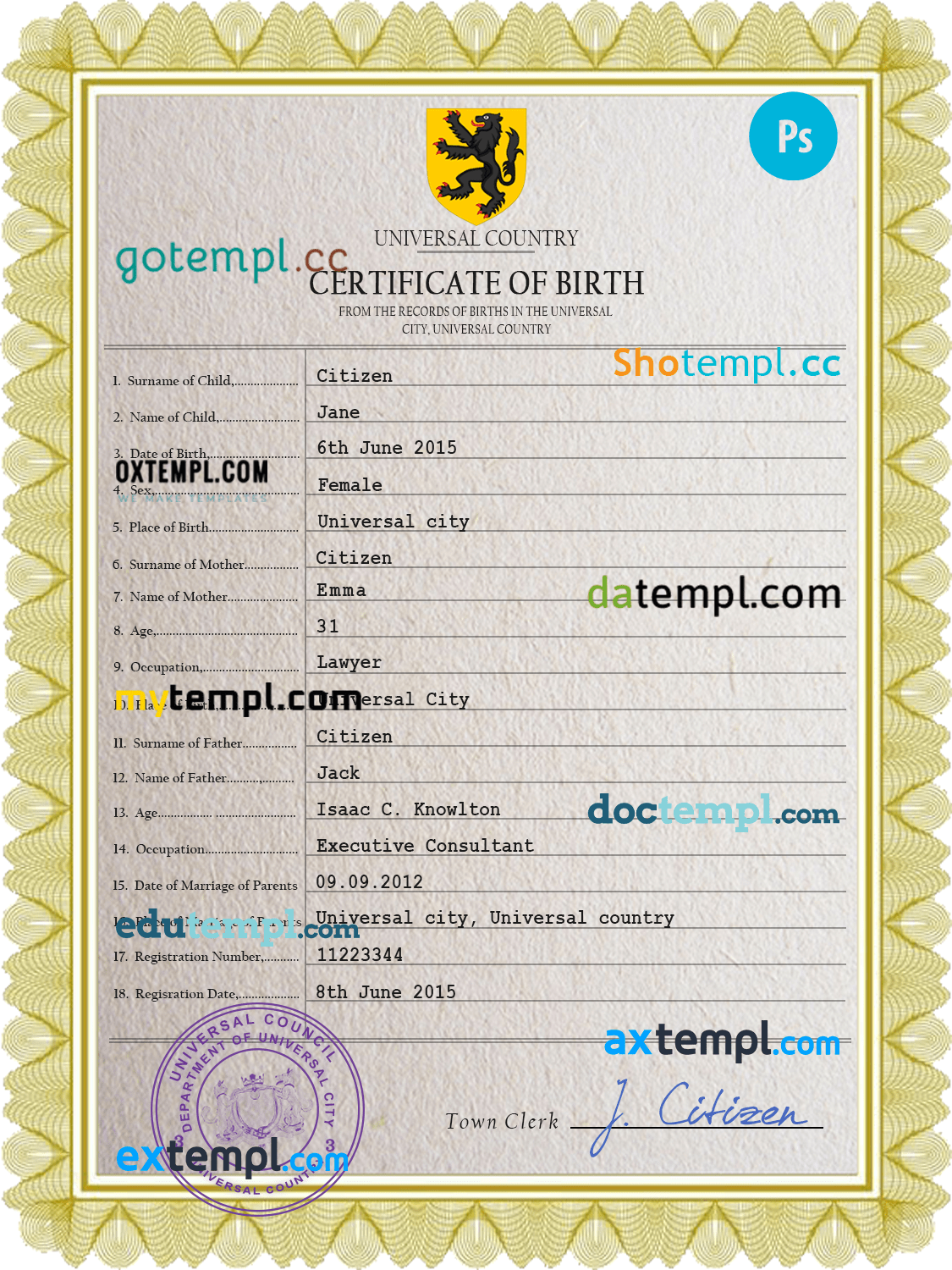 # praise universal birth certificate PSD template, completely editable