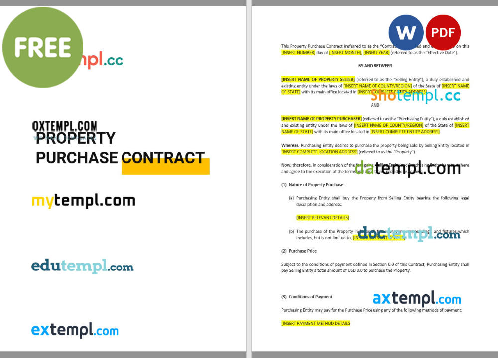 property purchase contract template, Word and PDF format