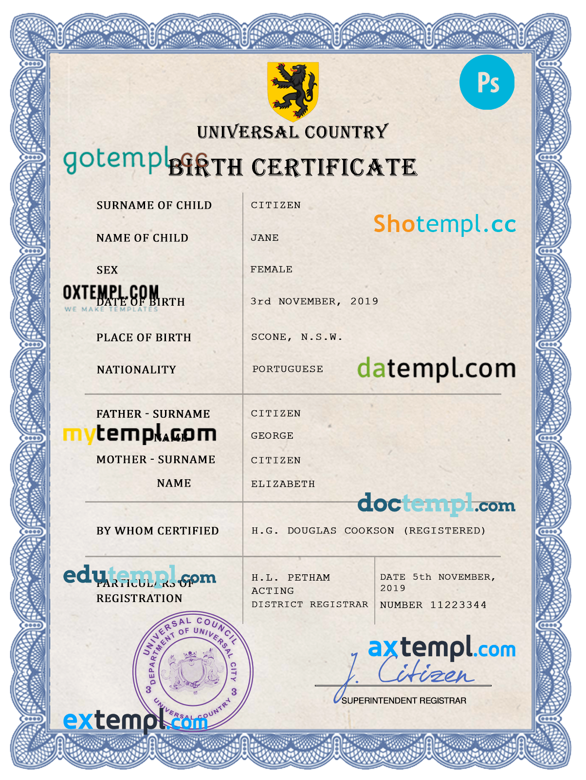 # prosper universal birth certificate PSD template, fully editable
