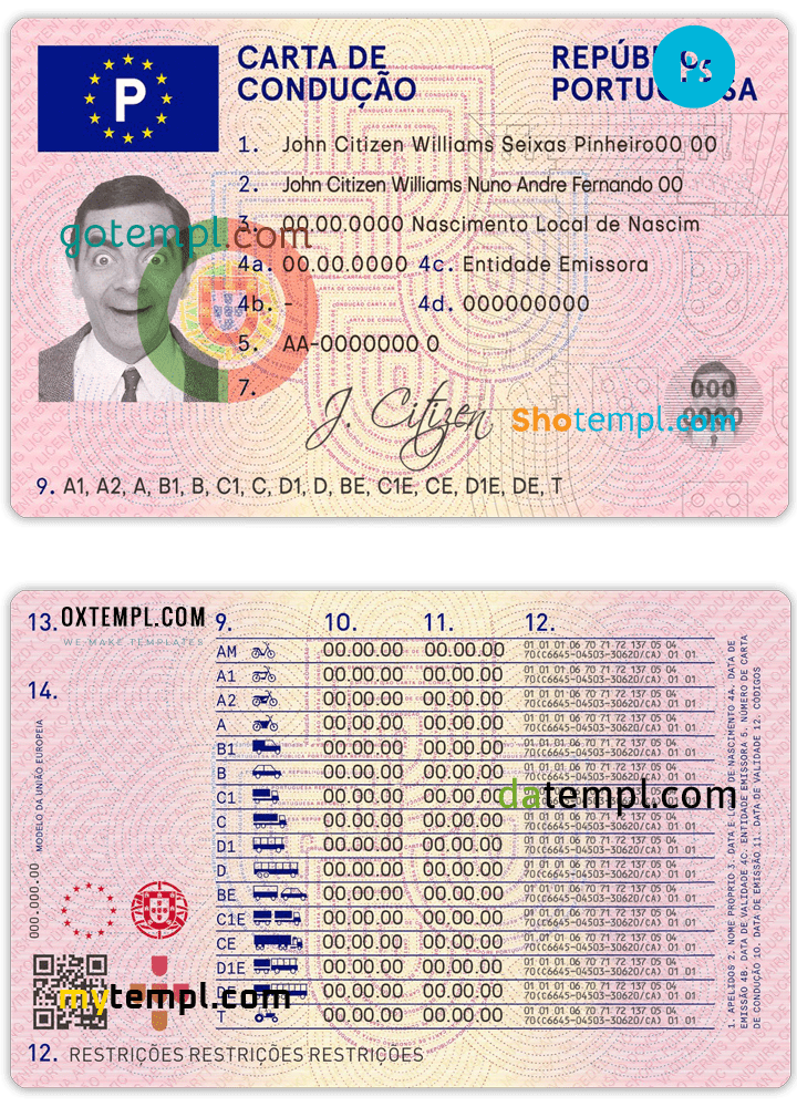 Portugal driving license template in PSD format, with all fonts, fully editable