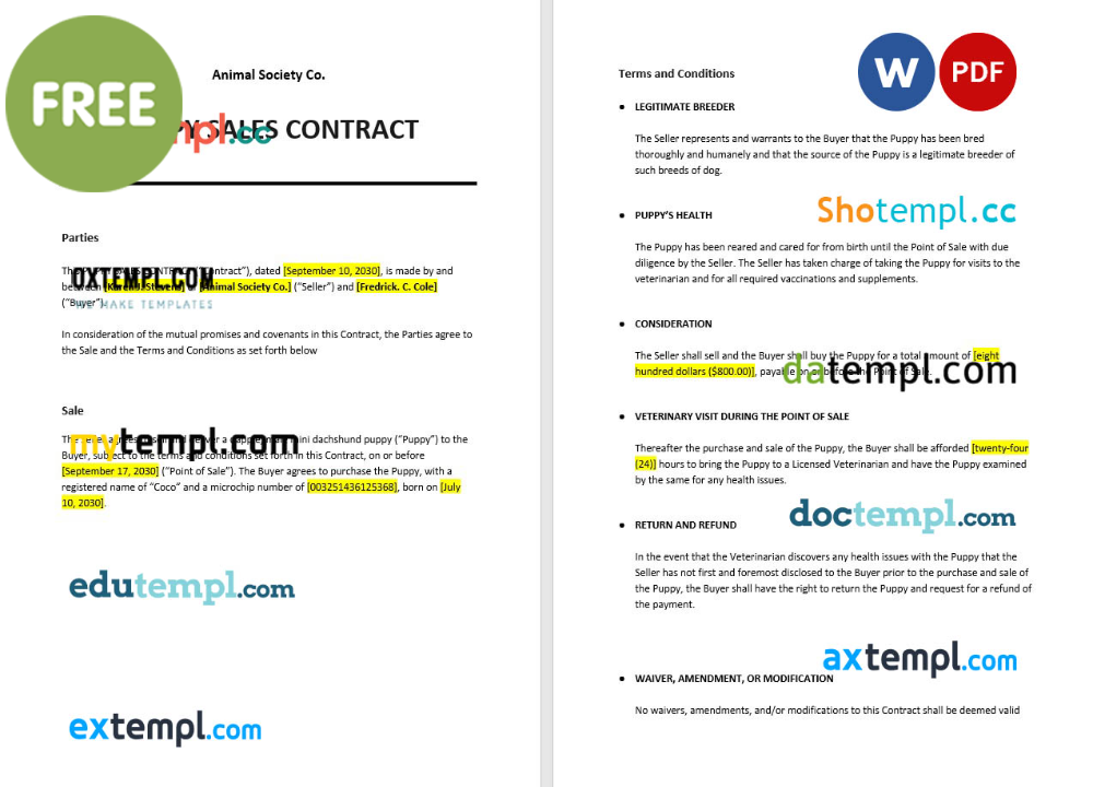puppy sales contract template, Word and PDF format