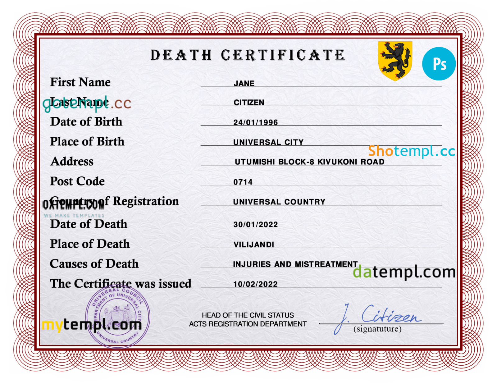 # rave vital record death certificate universal PSD template