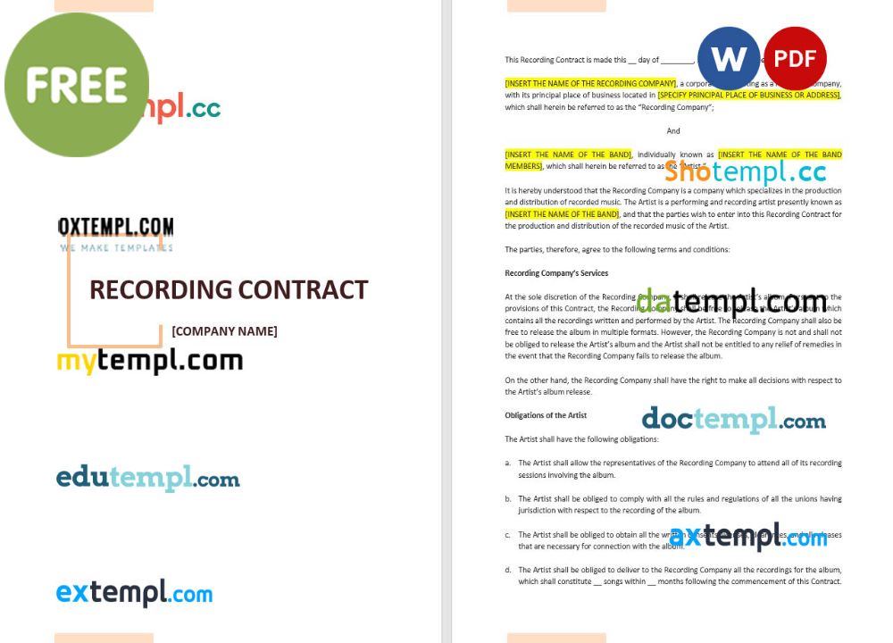 recording contract template, Word and PDF format