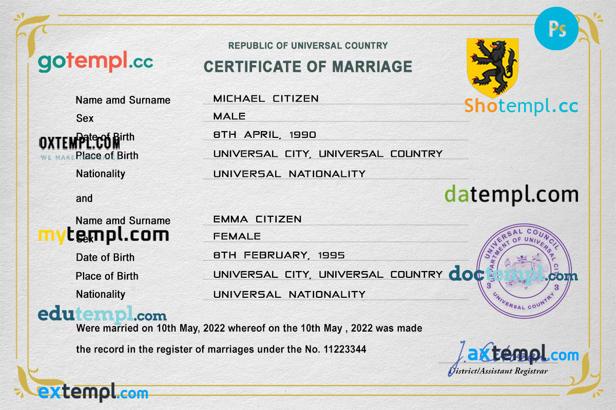 # red-eye universal marriage certificate PSD template, completely editable
