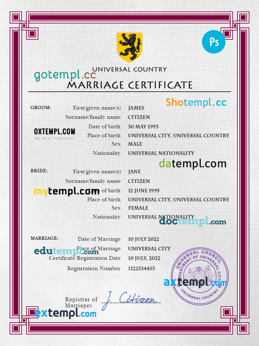 # registration universal marriage certificate PSD template, fully editable
