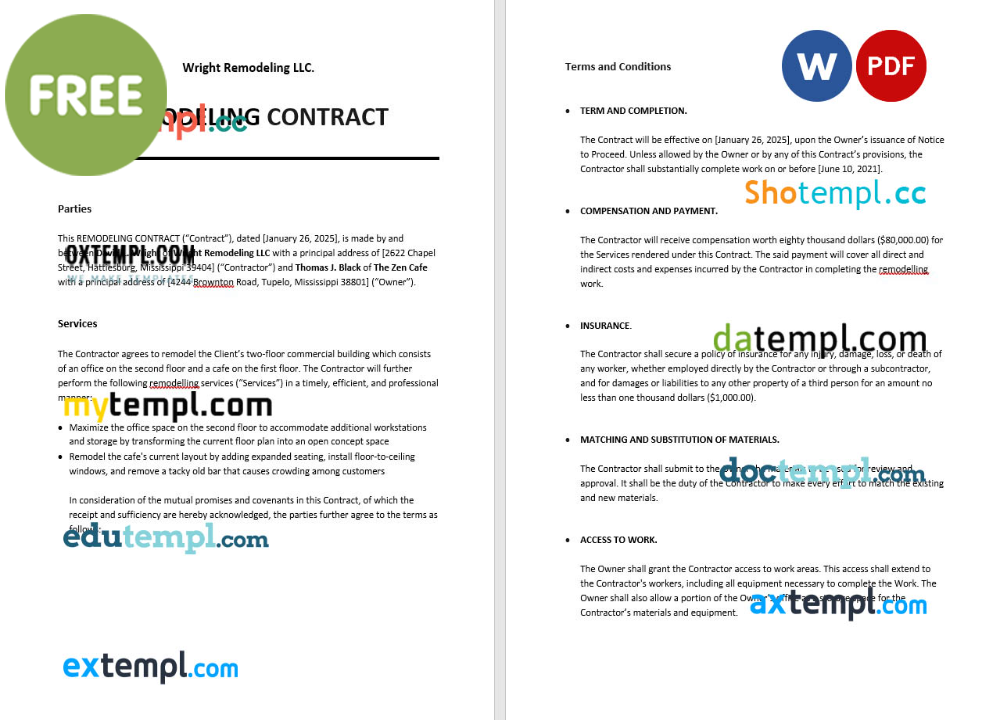 remodeling contract template, Word and PDF format