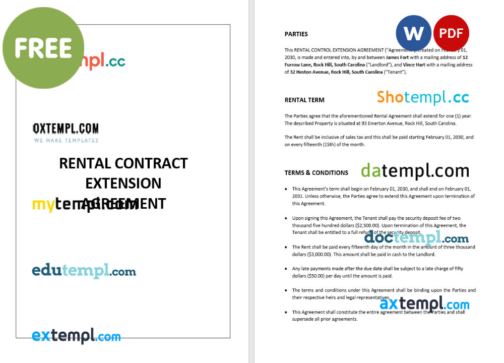 rental contract extension agreement template, Word and PDF format