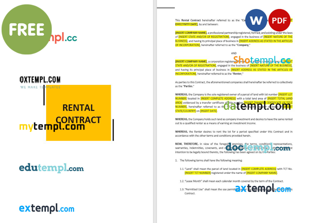 rental contract template, Word and PDF format