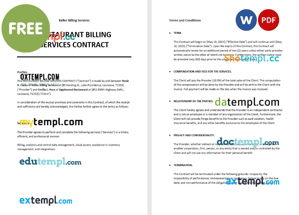 restaurant billing services contract template, Word and PDF format