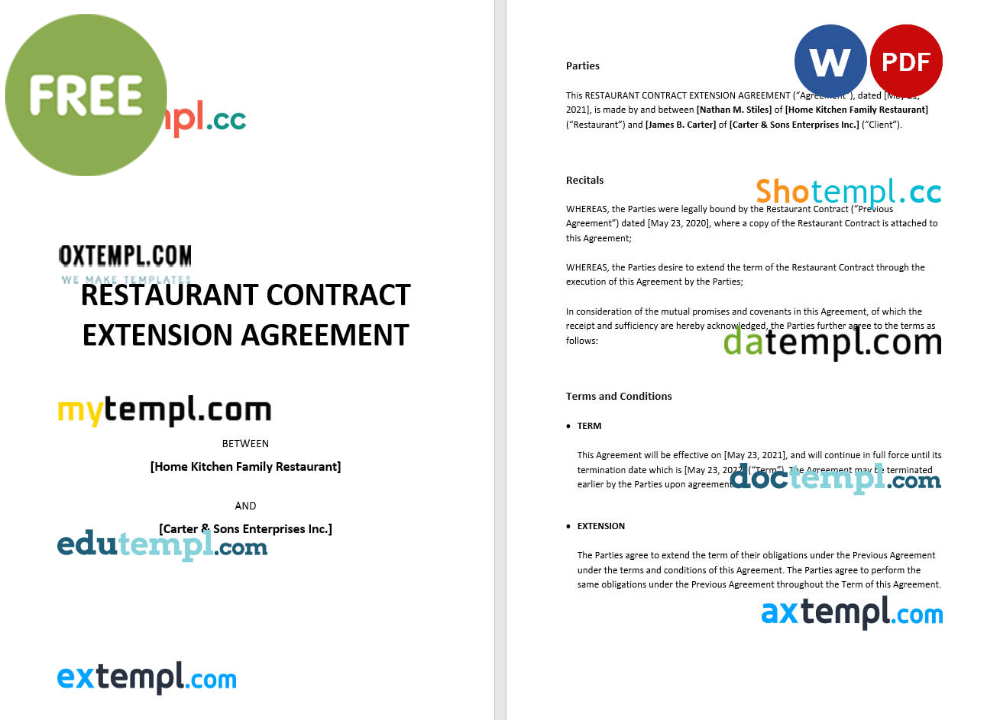 restaurant contract extension agreement template, Word and PDF format