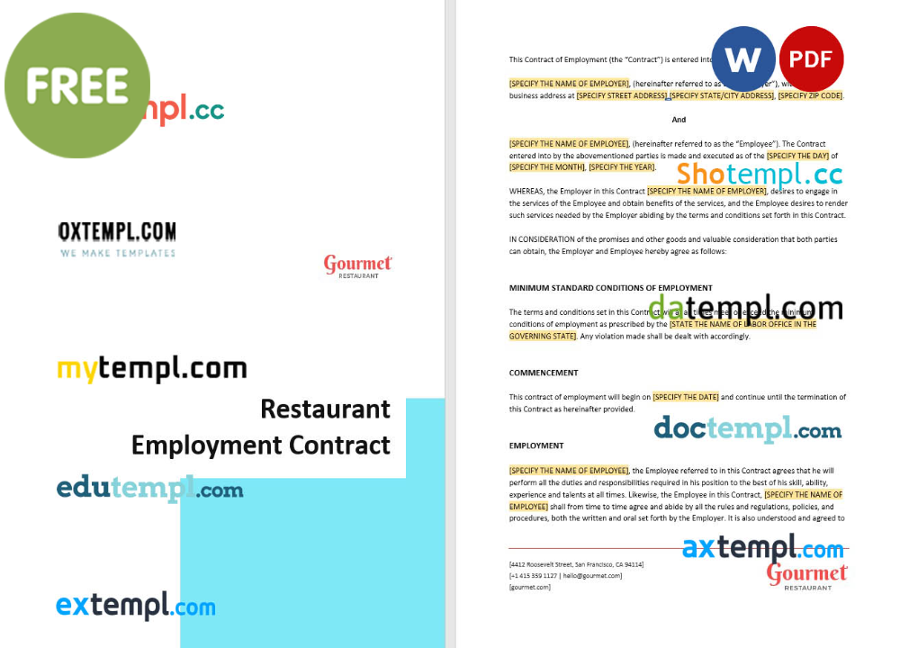 restaurant employment template, Word and PDF format