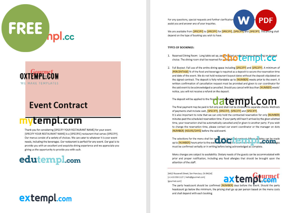 restaurant event contract template, Word and PDF format
