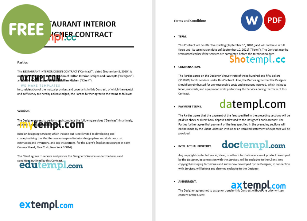 restaurant interior design contract template, Word and PDF format