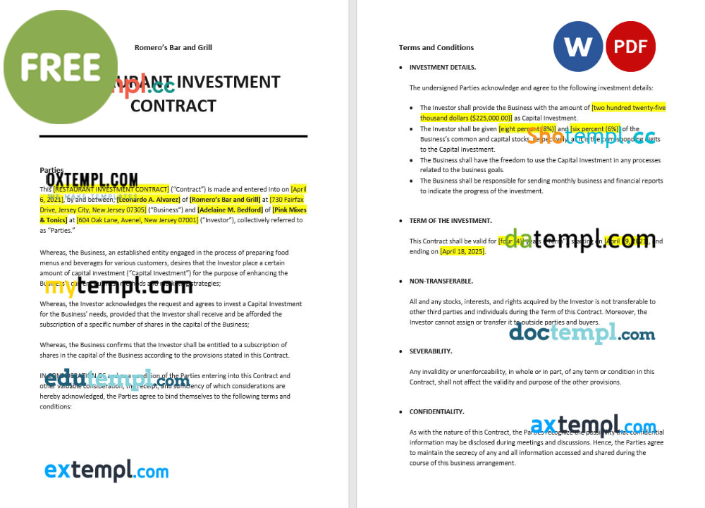 restaurant investment contract template, Word and PDF format