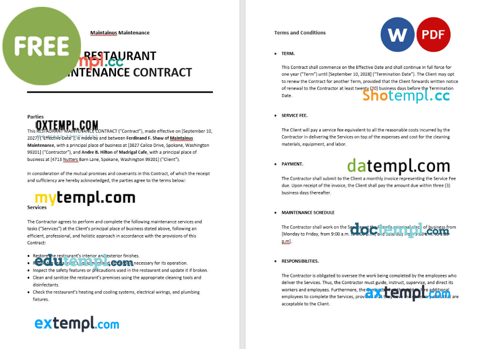 restaurant maintenance contract template, Word and PDF format