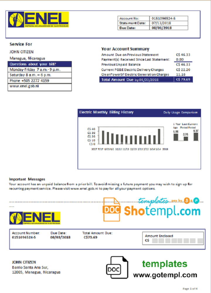 Nicaragua Nicaraguan Electricity Company ENEL electricity utility bill template in Word and PDF format