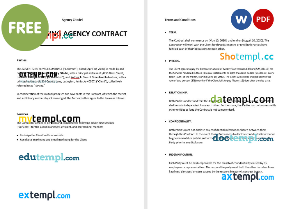 sample advertising agency contract template, Word and PDF format