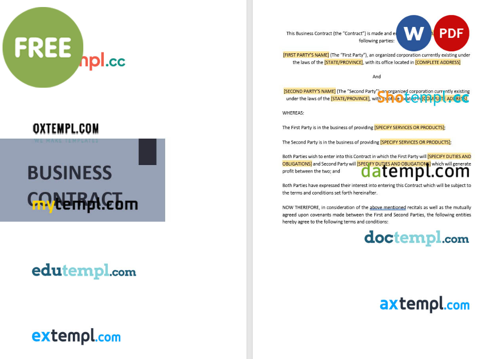 sample business contract template, Word and PDF format
