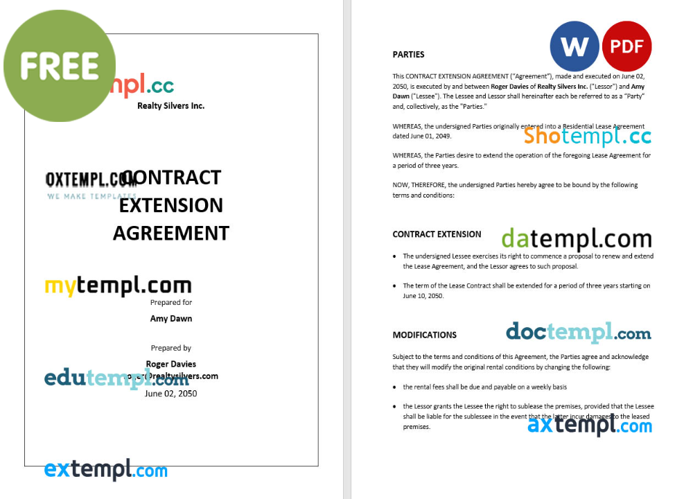 sample contract extension agreement template, Word and PDF format