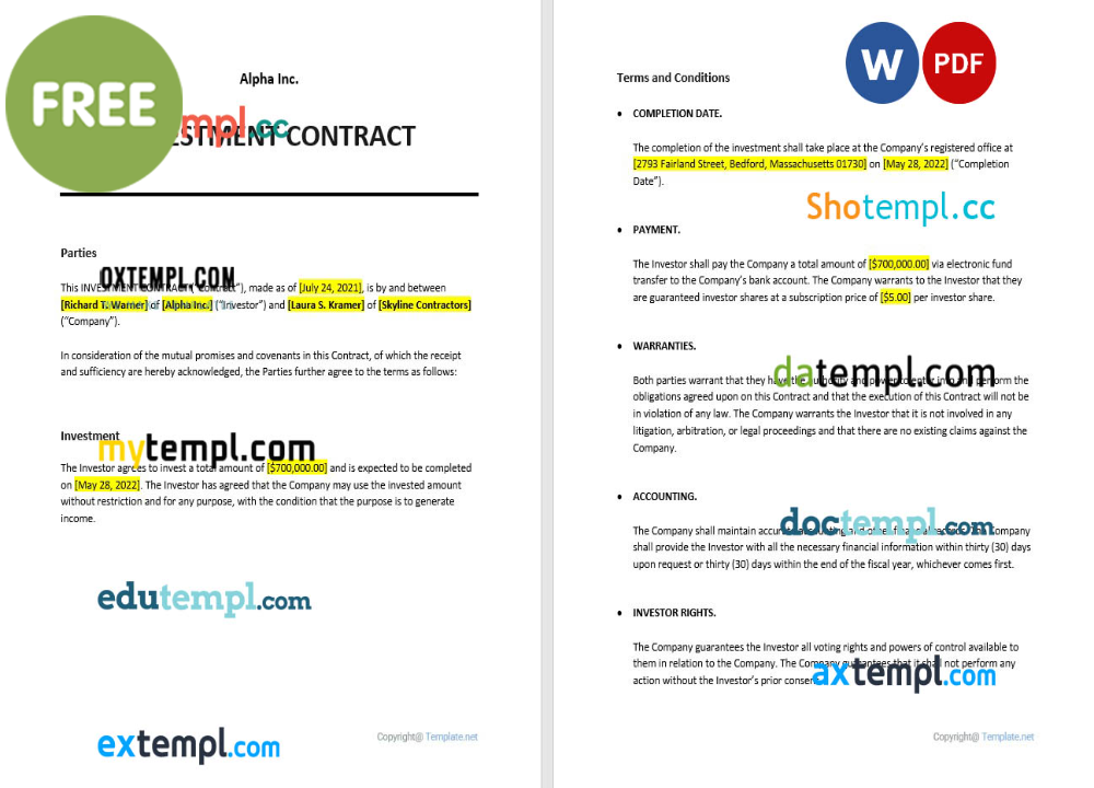 sample investment contract template, Word and PDF format