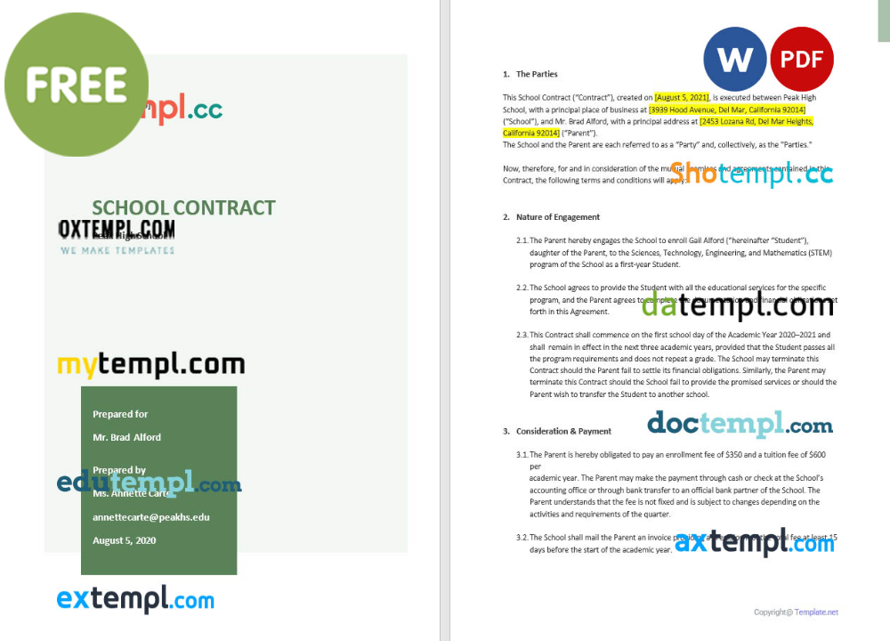 sample school contract template, Word and PDF format