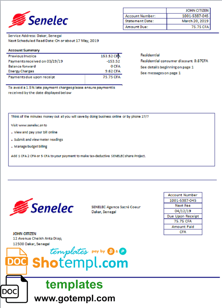 Senegal Senelec Agence Sacré Coeur Company electricity utility bill template in Word and PDF format