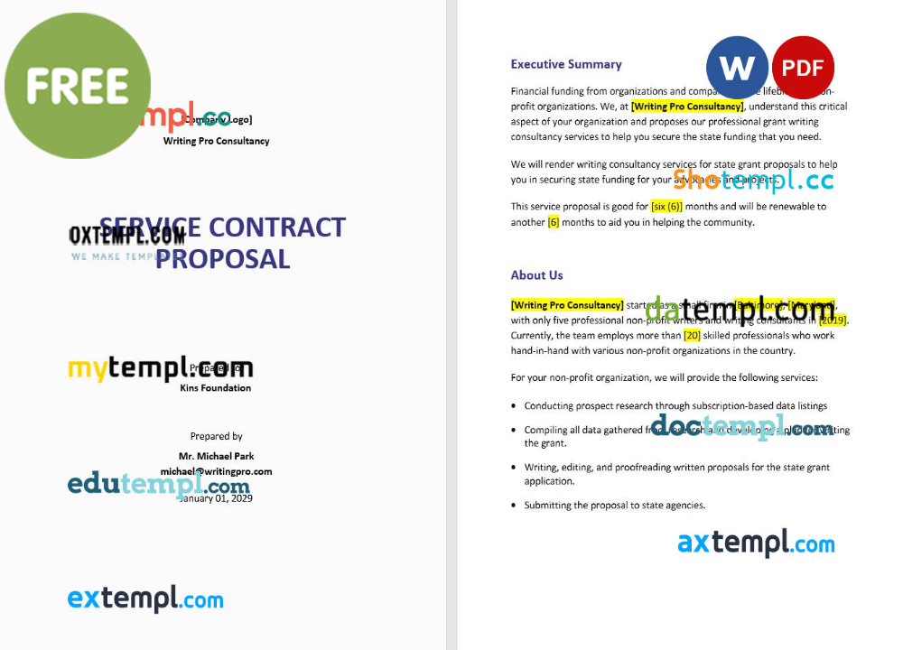 service contract proposal template, Word and PDF format