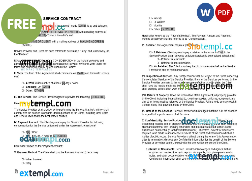 service contract template, Word and PDF format
