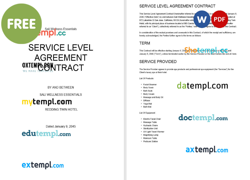 service level agreement contract template, Word and PDF format