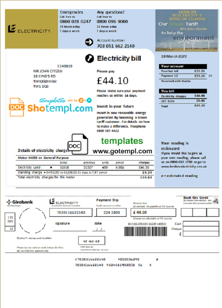 United Kingdom Electricity utility bill template in Word and PDF format