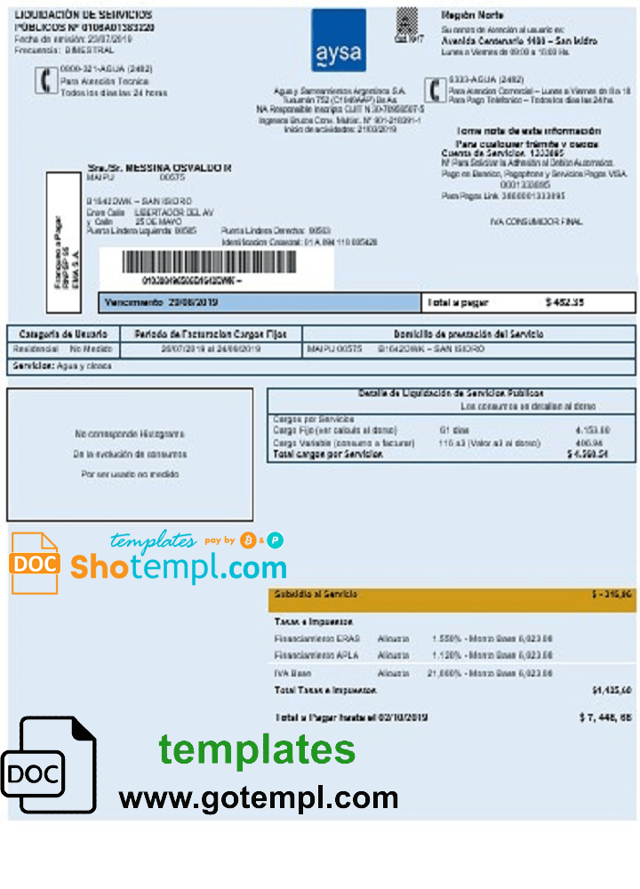 Argentina Aysa water utility bill template in Word and PDF format (.doc and .pdf)