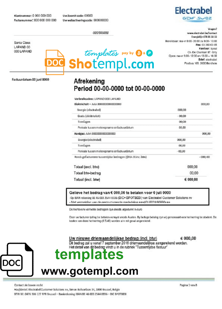 Belgium Electrabel electricity utility bill template, fully editable in Word and PDF format