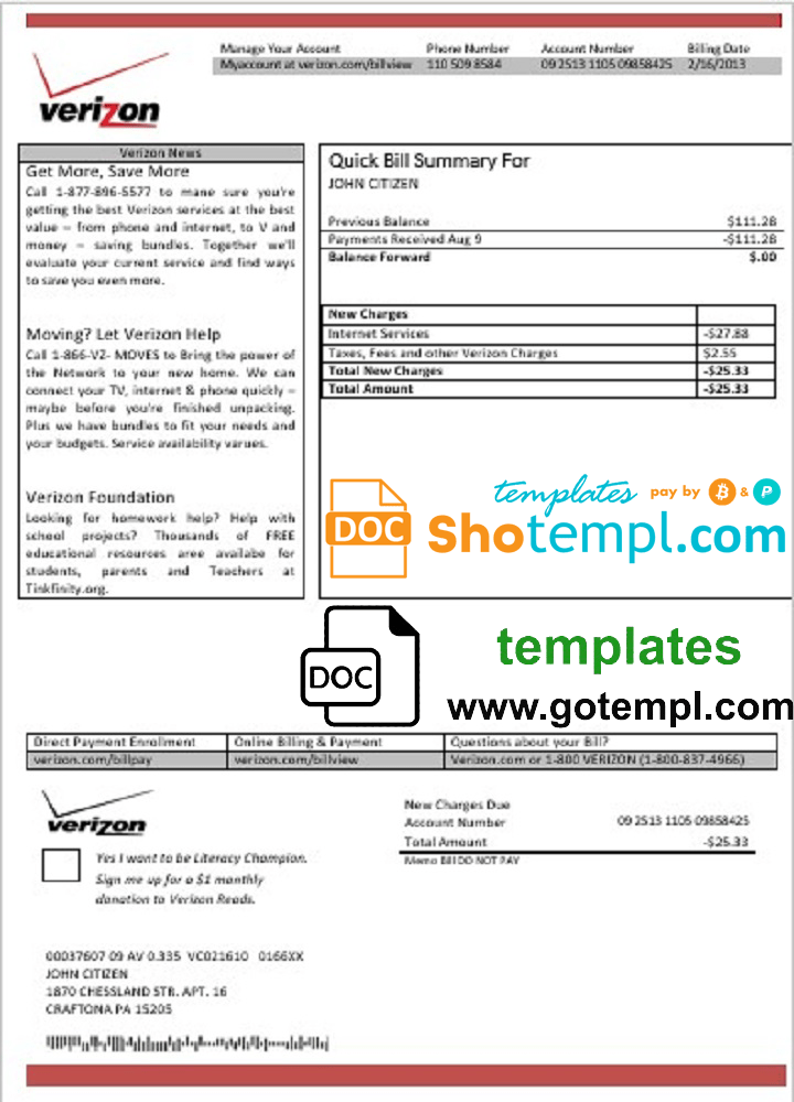 USA Verizon utility bill template in Word and PDF format, fully editable