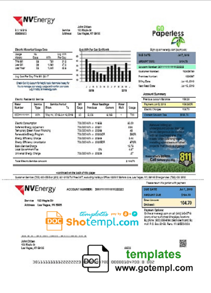 USA Nevada NV Energy utility bill template in Word and PDF format
