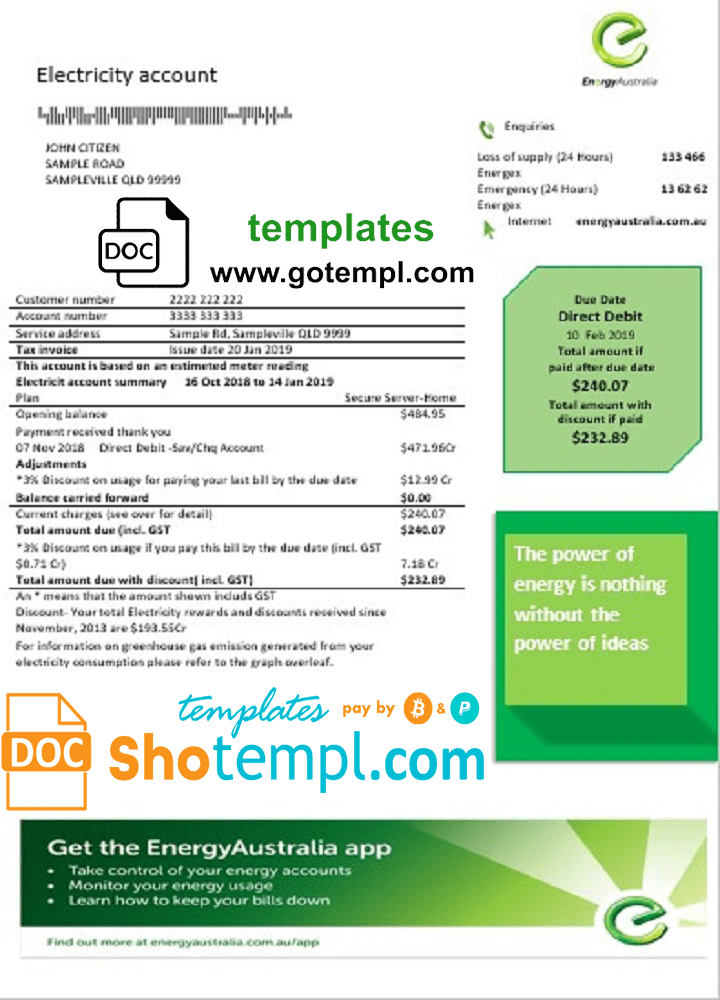 Australia Energy proof of address utility bill template in Word and PDF format