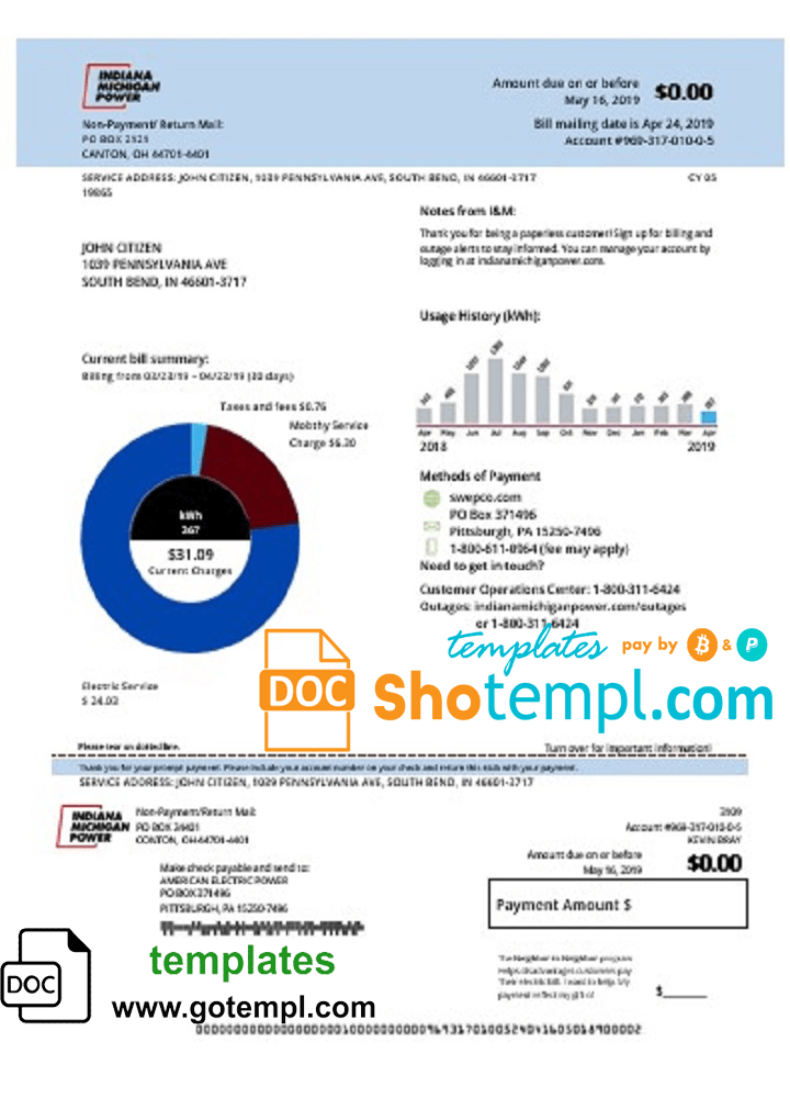 USA Indiana electricity utility bill template in Word and PDF format (.doc and .pdf)