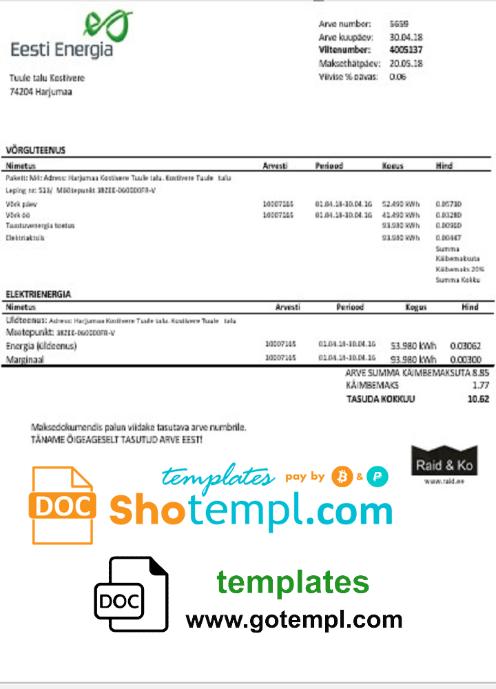 Estonia Eesti Energia electricity utility bill template in Word and PDF format